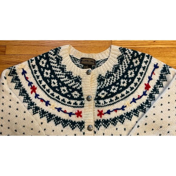 Vintage 80s Women’s Large Eddie Bauer Holiday XMAS Wool Cardigan Sweater - Picture 5 of 9